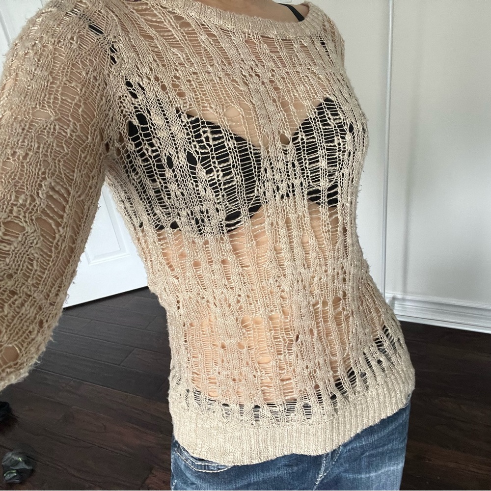 knitted see through mesh long sleeve beige top